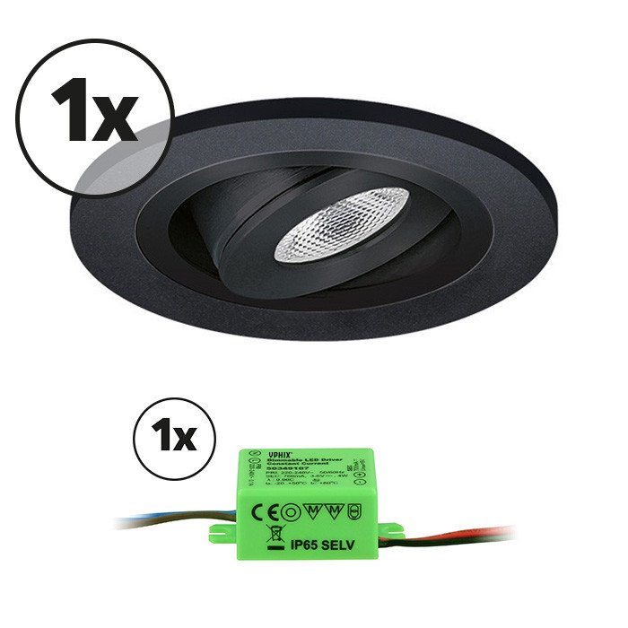 Complete set LED inbouwspot 1x Monza rond 3W 2700K zwart IP65 dimbaar kantelbaar