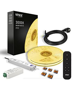 Complete dimbare LED Strip Set 5m warm-wit 3000K COB 480 led's incl. LED Dimmer, Afstandsbediening - 100W transformator