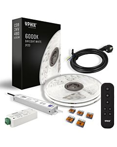 Complete dimbare LED Strip Set 5m Daglicht wit 6000K COB 480 led's incl. LED Dimmer, Afstandsbediening - 100W transformator