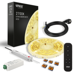 Complete dimbare LED Strip set 5m 2700K - 150 SMD led's – incl. LED Dimmer, Afstandsbediening en 12V - 24W voeding