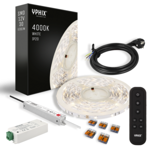 Complete dimbare LED Strip set 5m 4000K - 150 SMD led's – incl. LED Dimmer, Afstandsbediening en 12V - 24W voeding