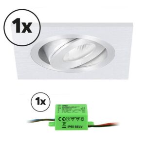 Complete set LED inbouwspot 1x Alba vierkant 3W 2700K aluminium IP65 dimbaar kantelbaar