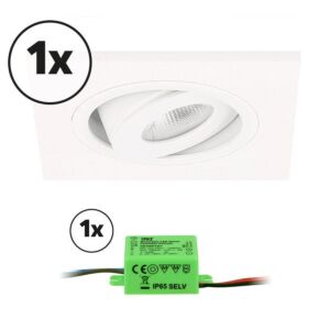 Complete set LED inbouwspot 1x Alba vierkant 3W 2700K wit IP65 dimbaar kantelbaar