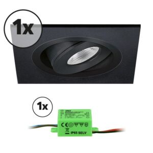Complete set LED inbouwspot 1x Alba vierkant 3W 2700K zwart IP65 dimbaar kantelbaar