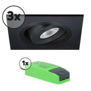 Complete set LED inbouwspot 3x Alba vierkant 3W 2700K zwart IP65 dimbaar kantelbaar