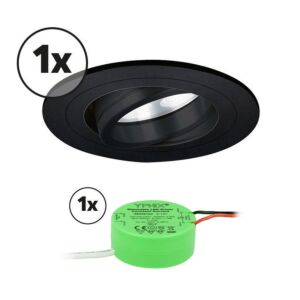 Complete set LED inbouwspot 1x Montella rond 5W 2700K zwart IP65 dimbaar kantelbaar