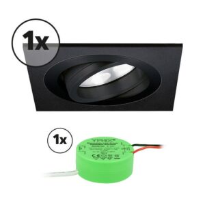 Complete set LED inbouwspot 1x Lecco vierkant 5W 2700K zwart IP65 dimbaar kantelbaar