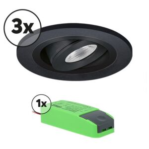 Complete set LED inbouwspot 3x Monza rond 3W 2700K zwart IP65 dimbaar kantelbaar